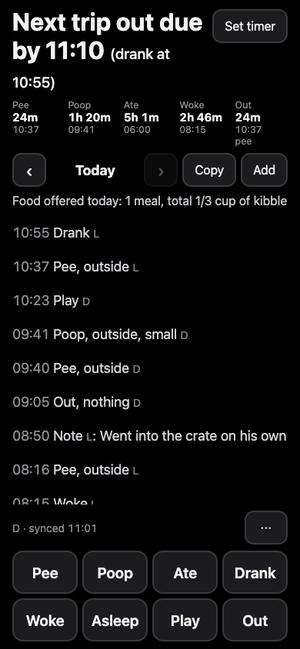 The puppy log app: a countdown to the next trip outside, timers since the last pee, poop and meal, and eight big buttons.