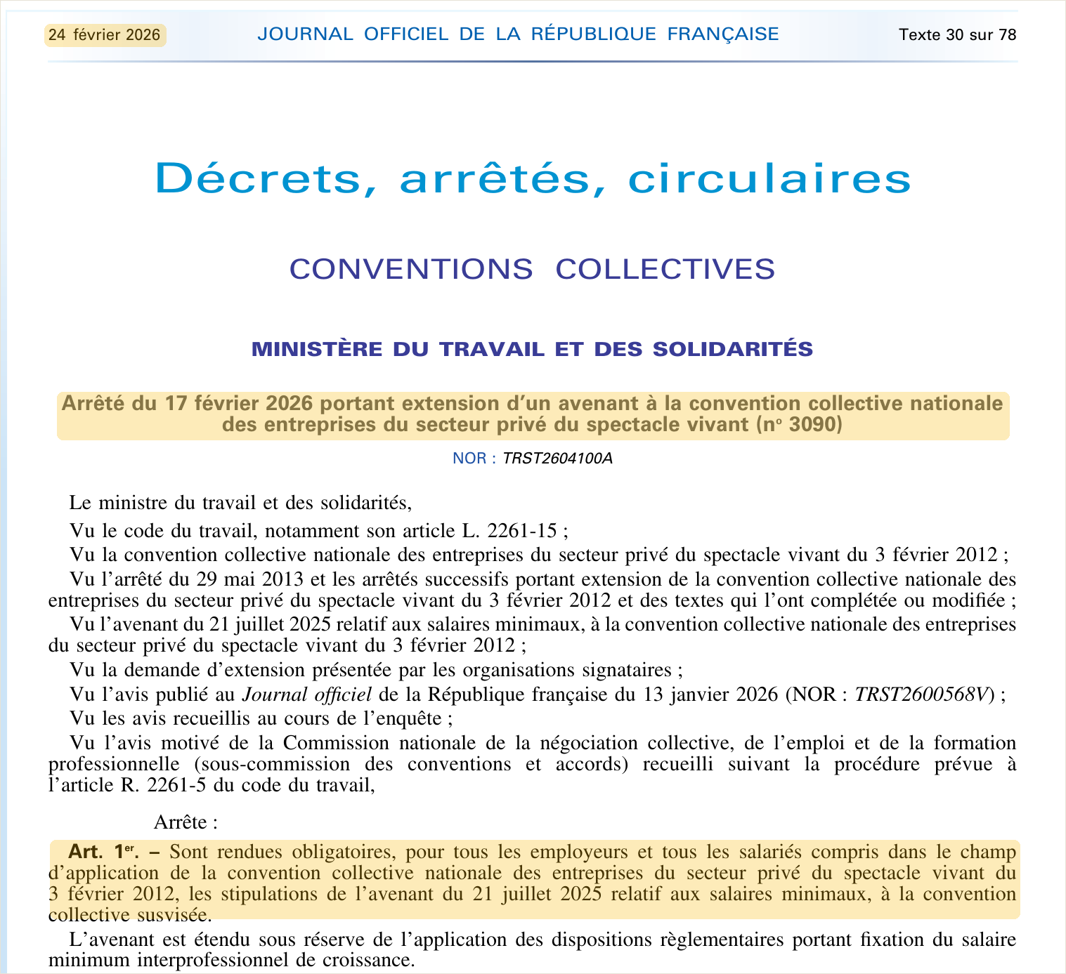 Arrêté du 17 février 2026 étendant l'avenant salarial de la convention du spectacle vivant privé, Journal officiel du 24 février 2026