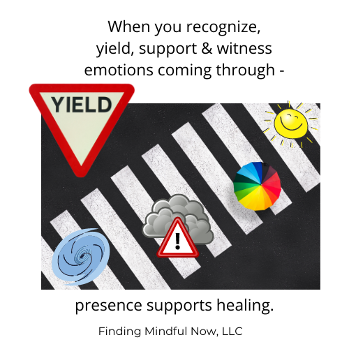 image of crosswalk with various symbols (hurricane, storm cloud, umbrella, sunshine) indicating emotions crossing. A yield sign is at the upper left hand corner. Text reads "When you recognize , yield, support & witness emotions coming through - presence supports healing." 