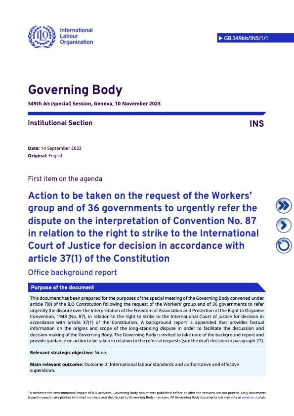 ILO Governing Body - Request by Workers and 36 governments on the right to strike.