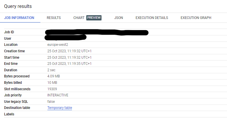 When you query has run you will see a query results page. When you click on the job information screen it shows you information regarding that query. One of which is the a destination table which holds a temporary table of your results. you can click on that temporary table and query it to help debug your SQL.