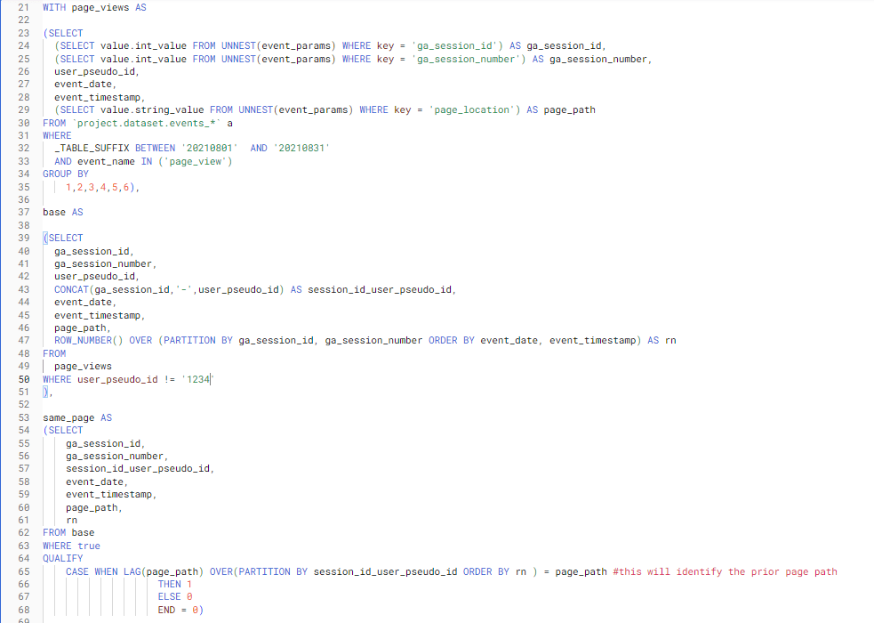 SQL query showing 3 common table expressions (CTEs) named page_views (giving page view event data from GA5), base (assigns a row number to the page_view events) and same_page (excludes data from the base table where the last page_path is exactly the same as the current page_path). This is to give an example of what CTE's look like.