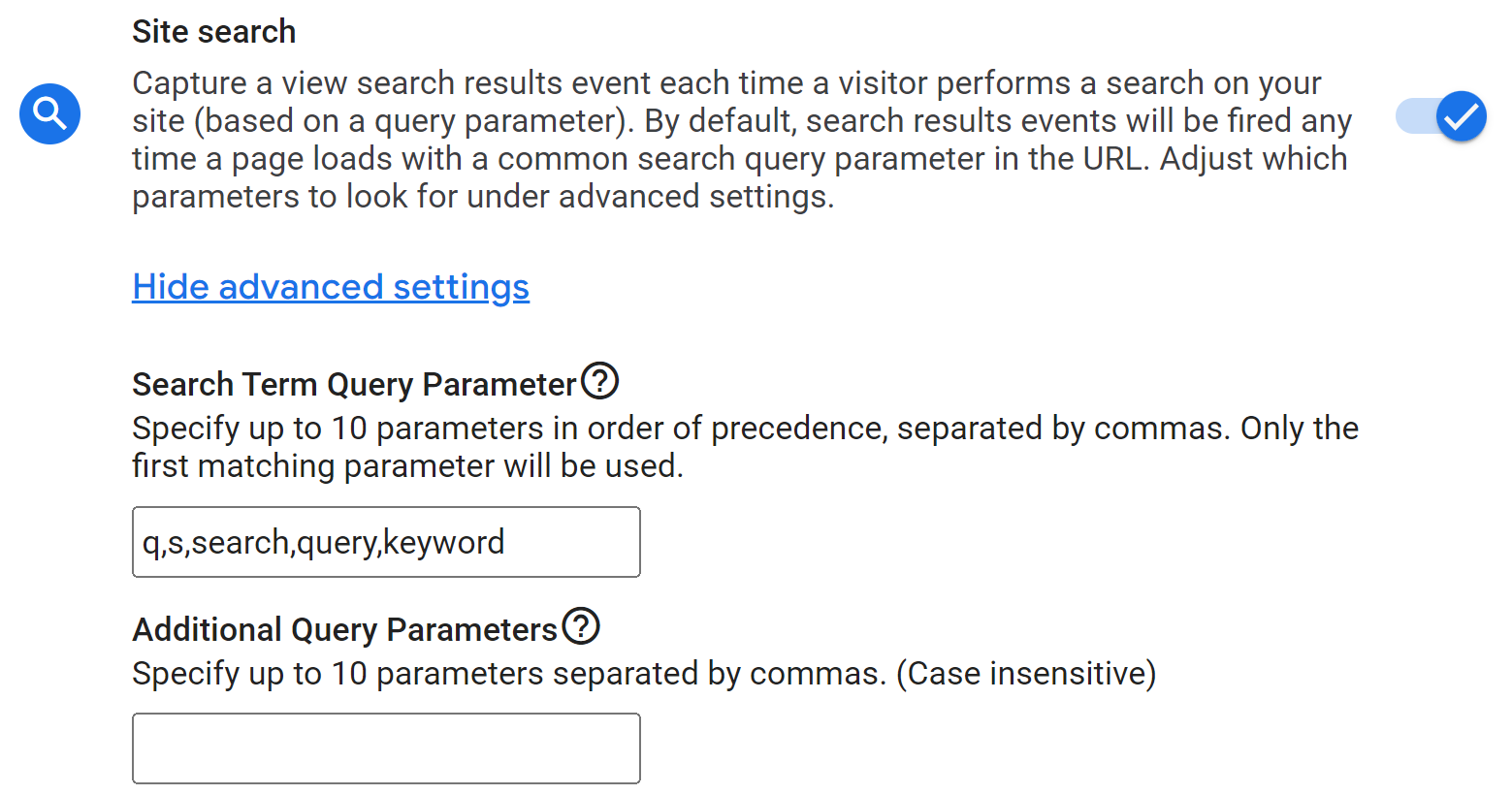 GA4 web data stream enhanced measurement site search advanced settings