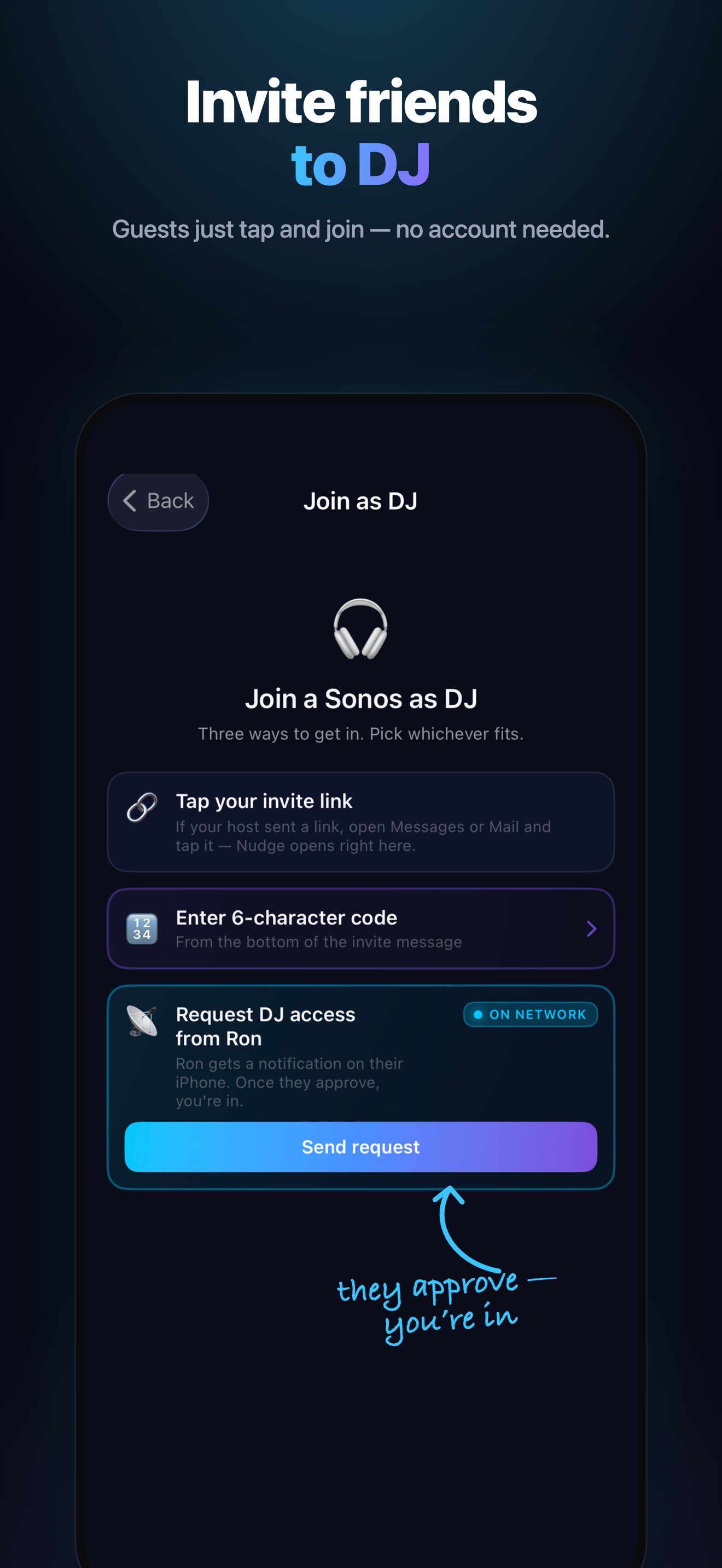 The Join as DJ screen in Nudge, showing the three ways in: tap an invite link, enter a six-character code, or request DJ access from the host