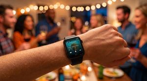 Someone at a house party controlling the host's Sonos from Nudge on their Apple Watch