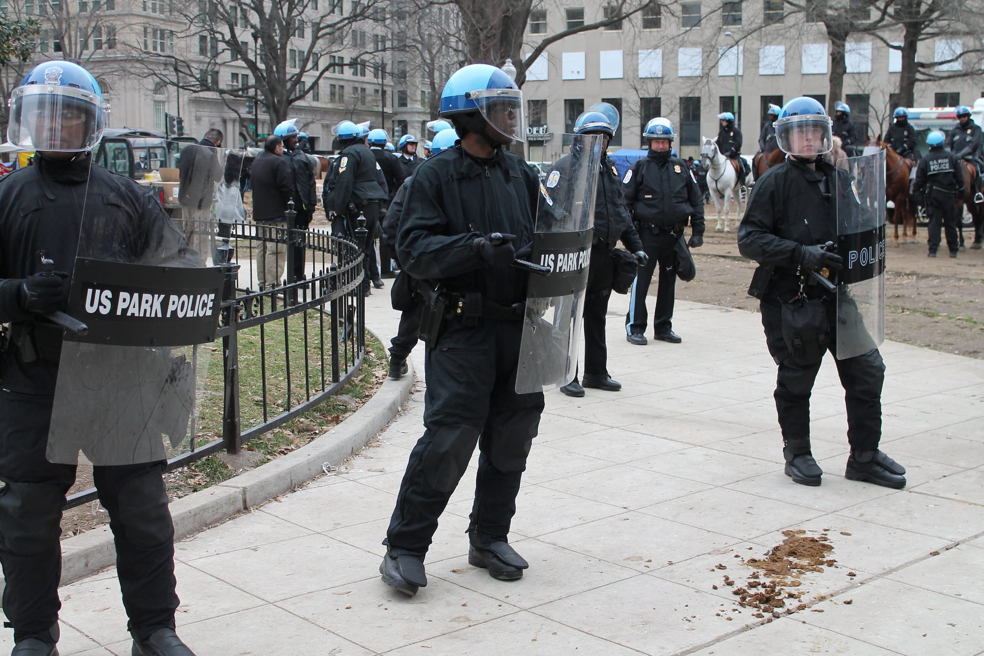 A squad of police officers in black uniforms with blue helmets and shields stand in a park.