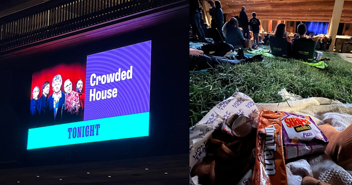 Left panel: screen reads Crowded House Tonight with a photo of five white men. Right panel: a pile of snacks on a lawn.