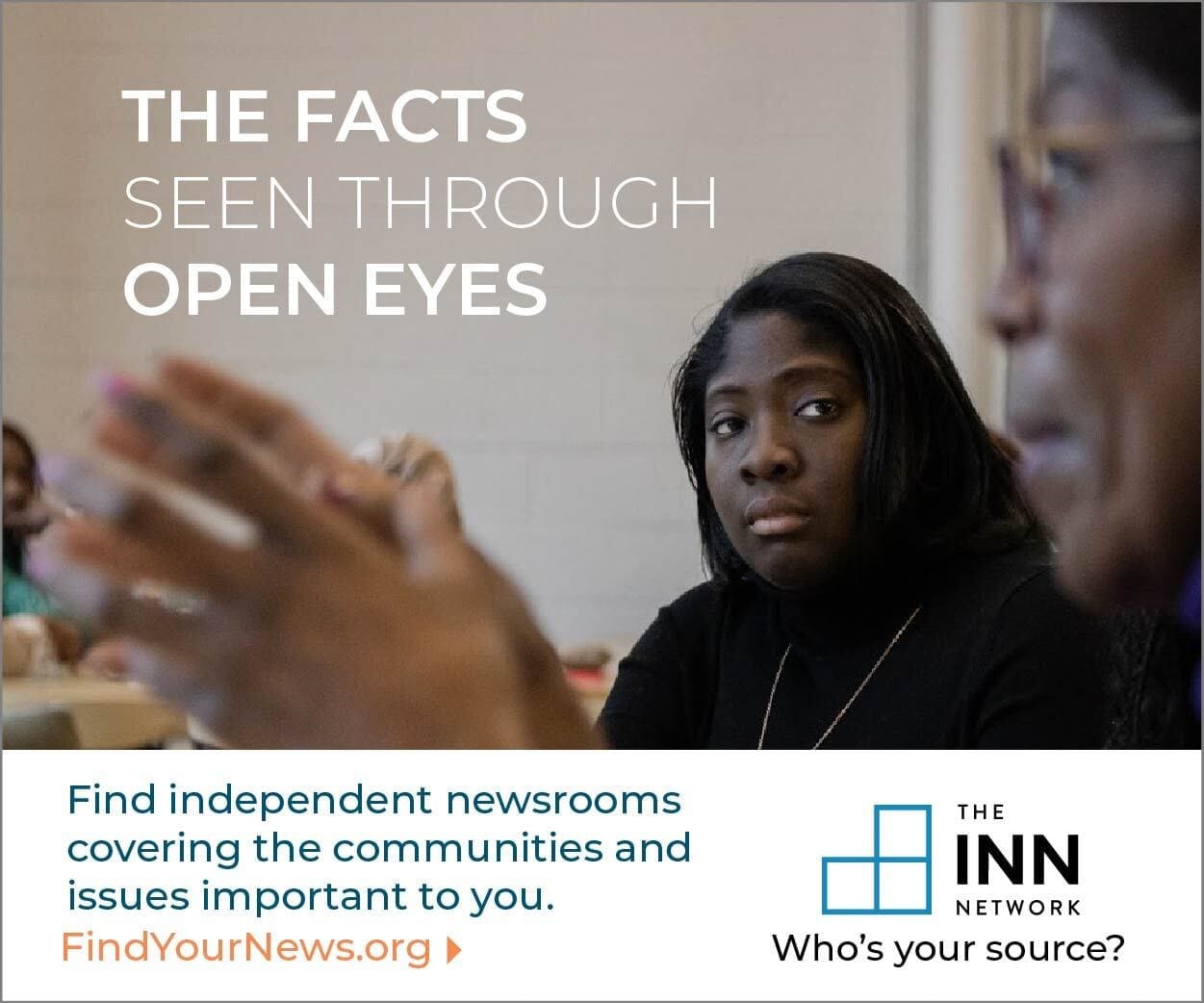 A square advertisement for the Institute of Nonprofit News that says, "The facts seen through open eyes."