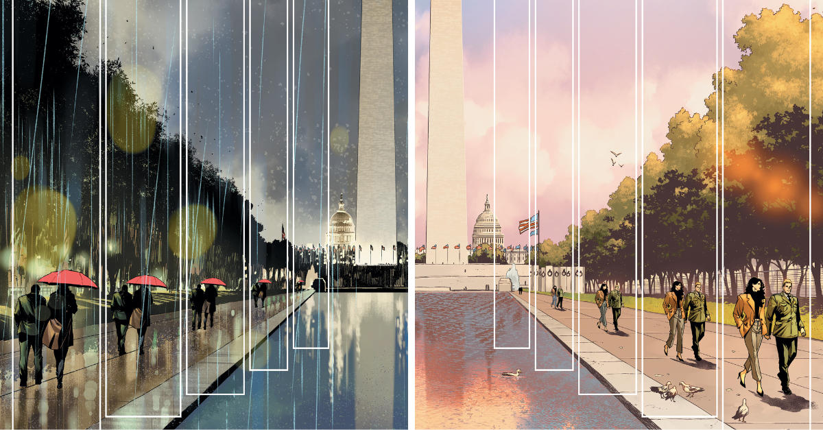 Two drawings of the Washington Monument and the Reflecting Pond, one at night and one during the way.