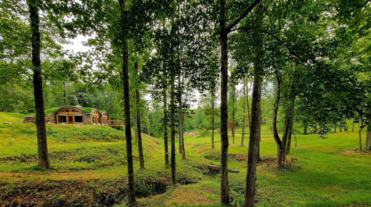 A lush greenscape with a small building to the left. 