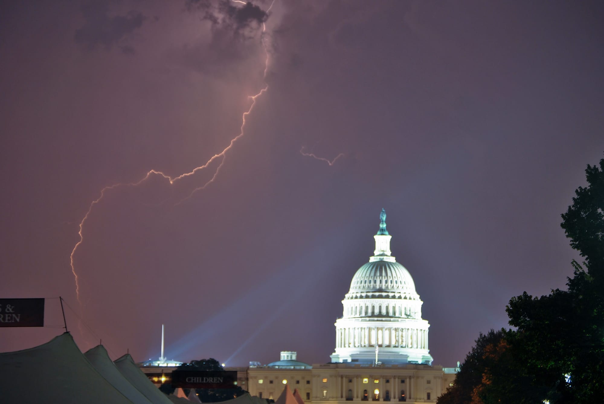 Lightning striking at night outside of the Capital in Washington, D.C. 