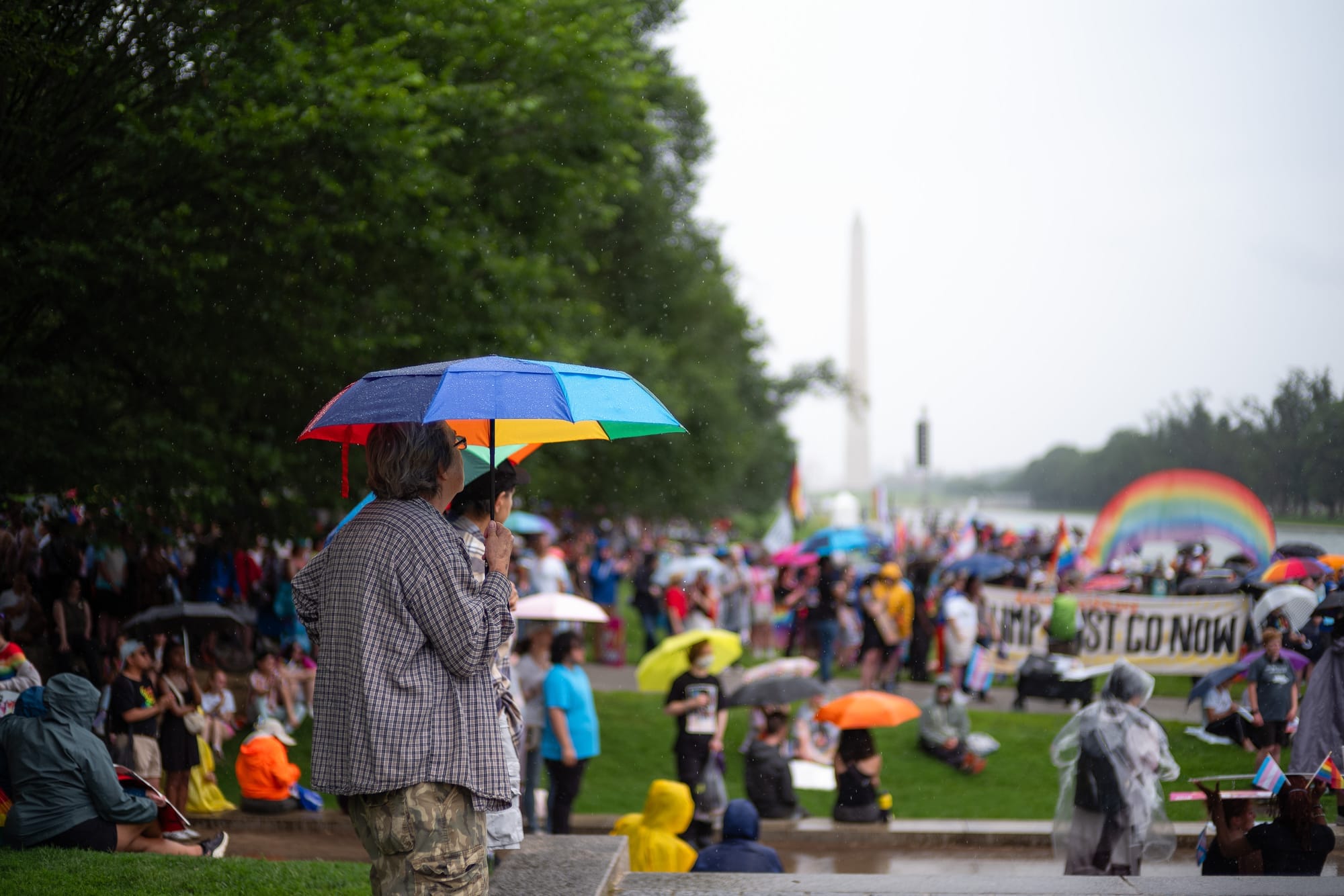 Person stands up, holding colorful umbrella while others sit and stand on Washington Mall.