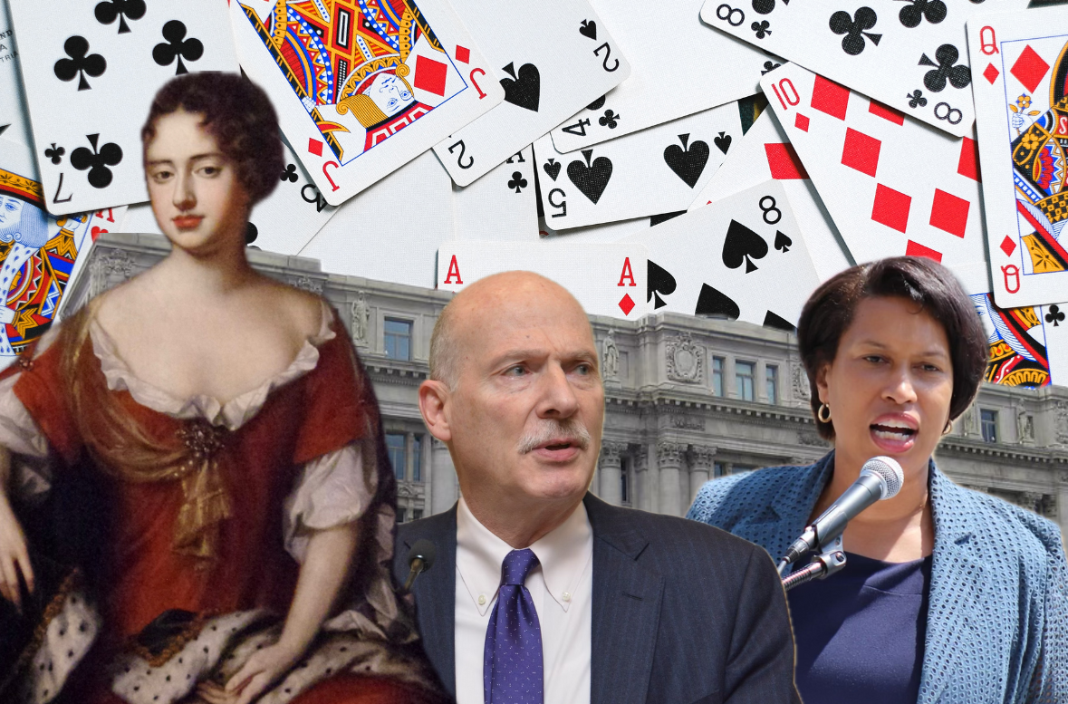 A dizzying image of lawmakers on a background of cards