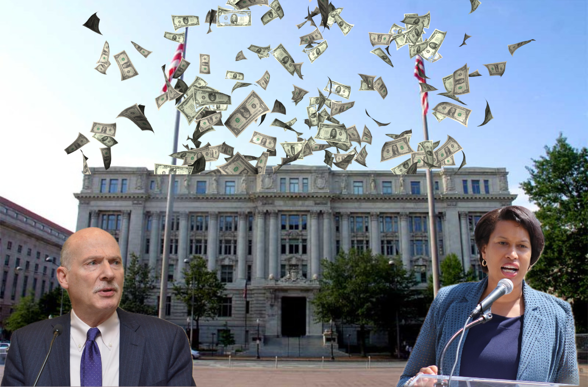 Image of white man and Black woman outside of building with money flying in the air.