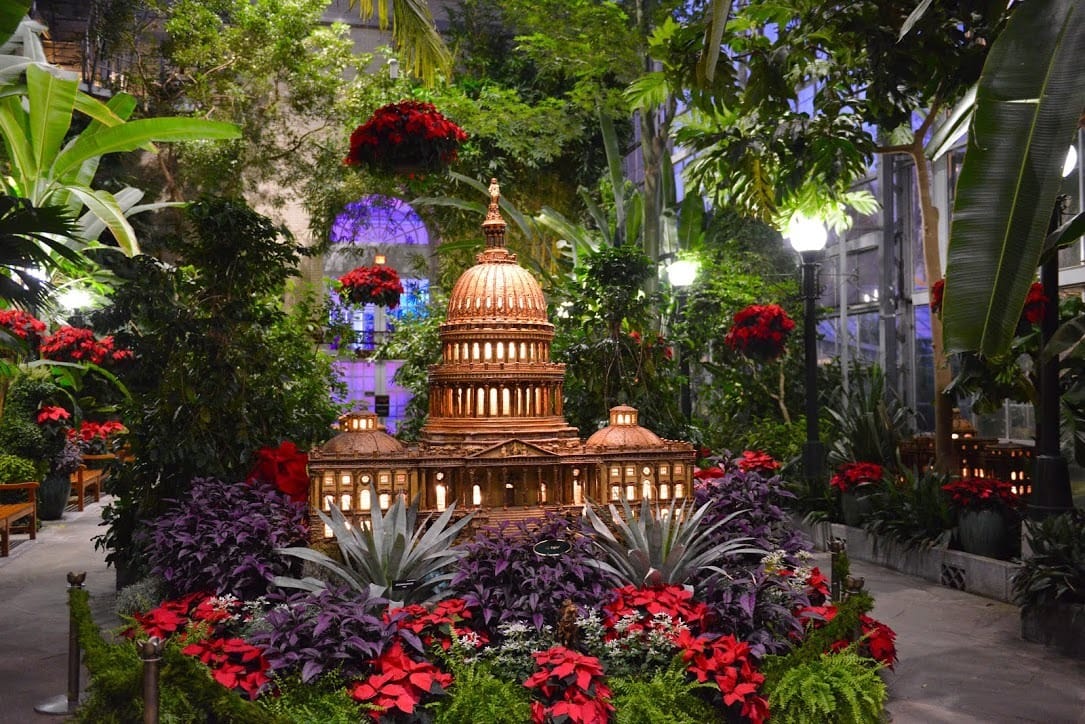 A replica of the U.S. Capitol building surrounded by verdant greenery and red flowers.