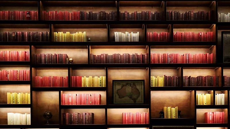 A large, dark bookshelf filled with pink, maroon, white, and yellow books, each section individually illuminated.