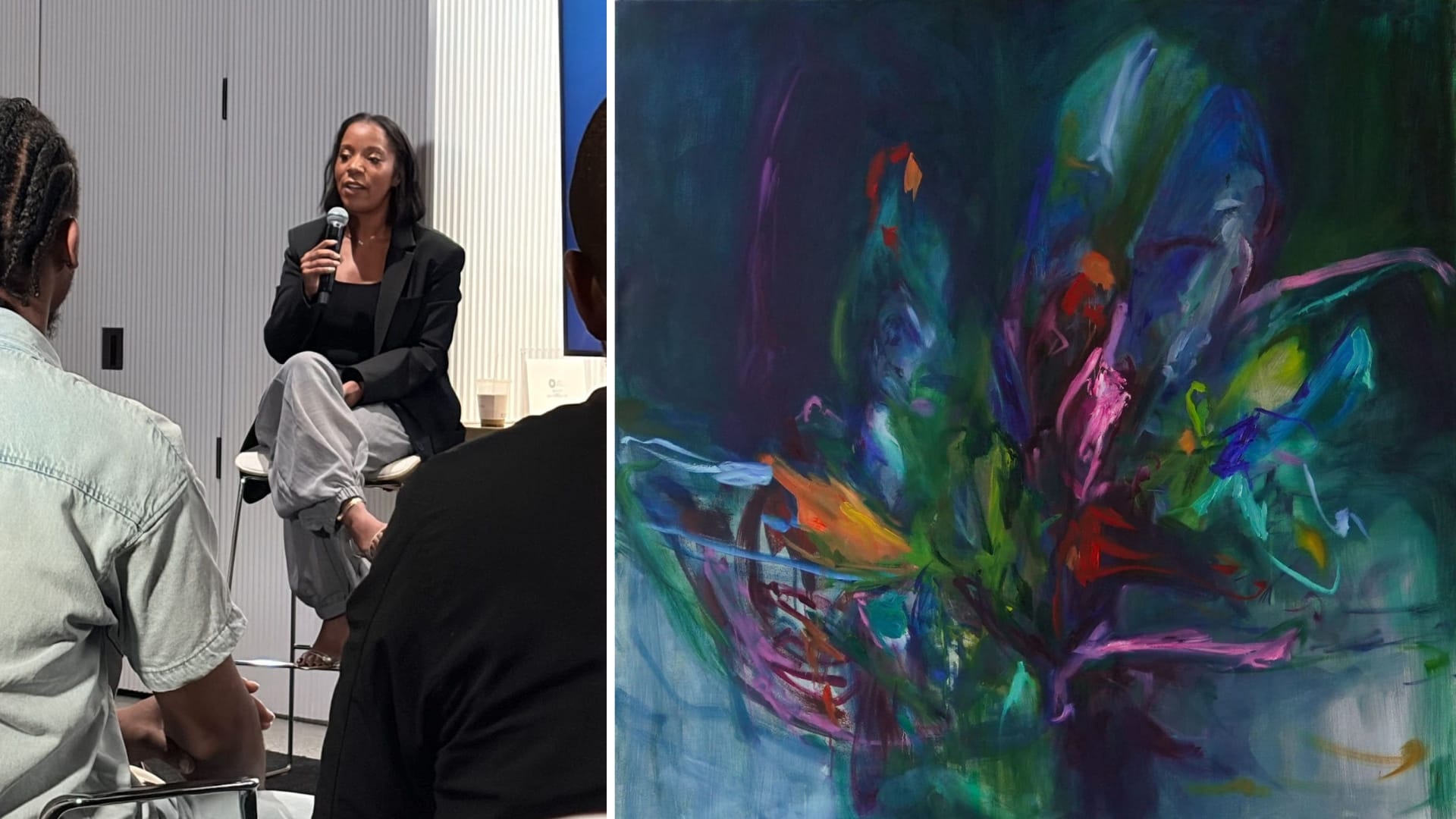 Painter Lindsay Adams speaks into a microphone, next to an image of one of her paintings.