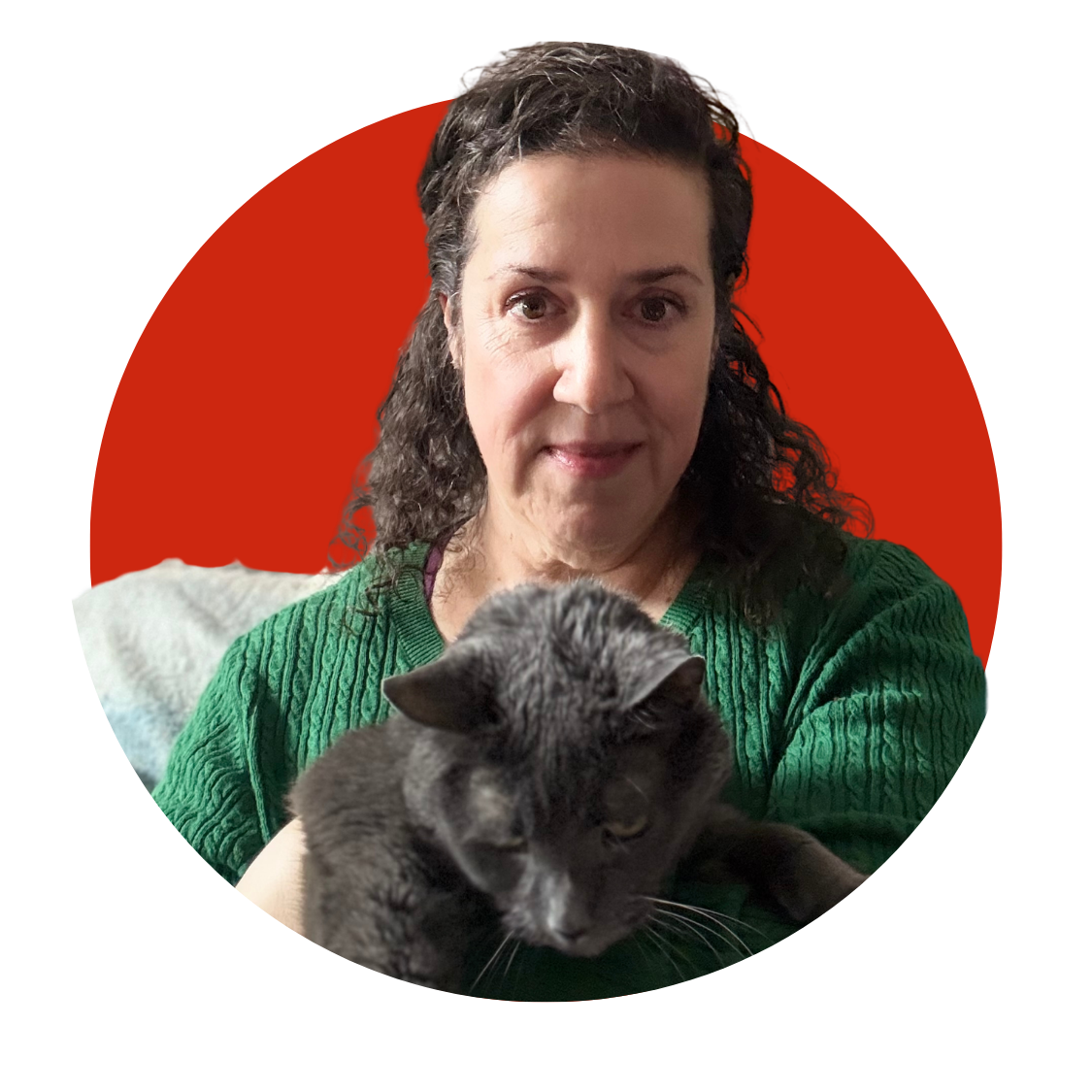 A portrait of Andrea Grimaldi against a red background, she's holding a grey cat in her arms.