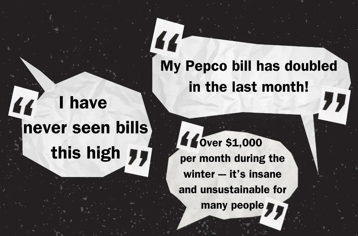 Thought bubbles on a black background with messages about Pepco bills.