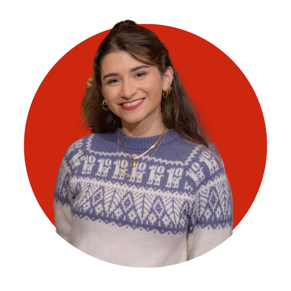 A portrait of Amanda Cronin against a red background. 