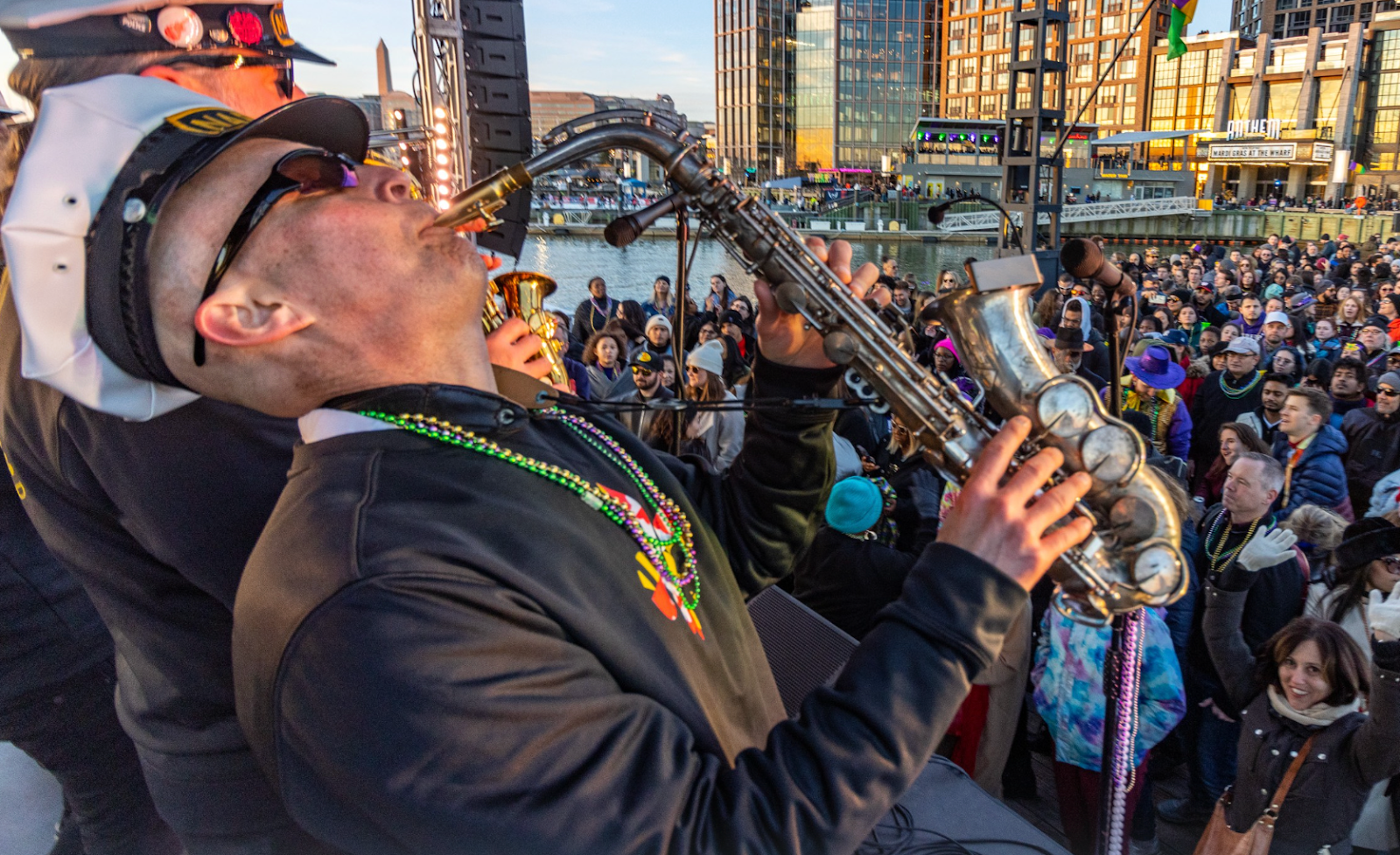 A saxophone player rocks out during a performance at The Wharf in D.C.