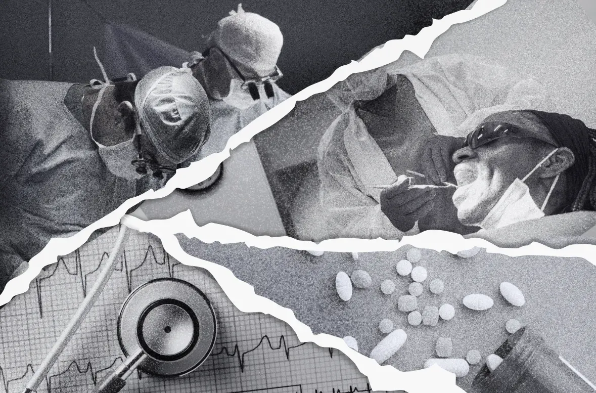 A black and white photo collage with doctors, a dentist, pills, and a stethoscope.