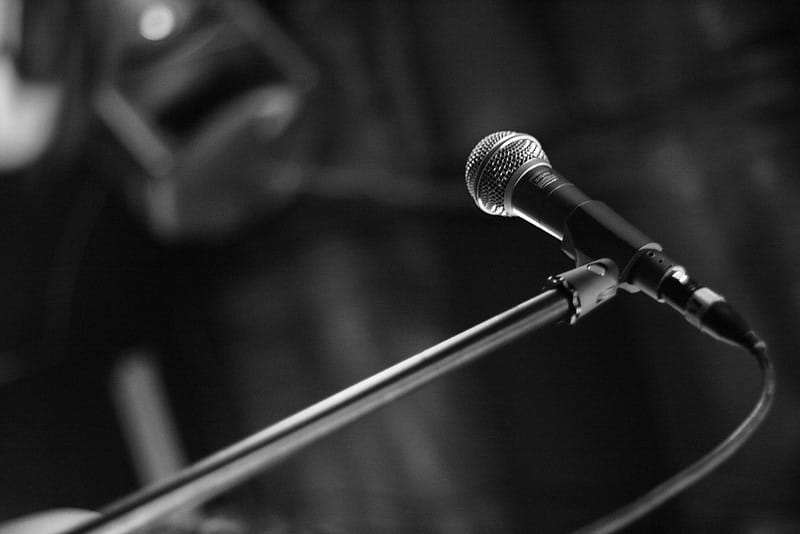 A black and white photograph of a microphone.
