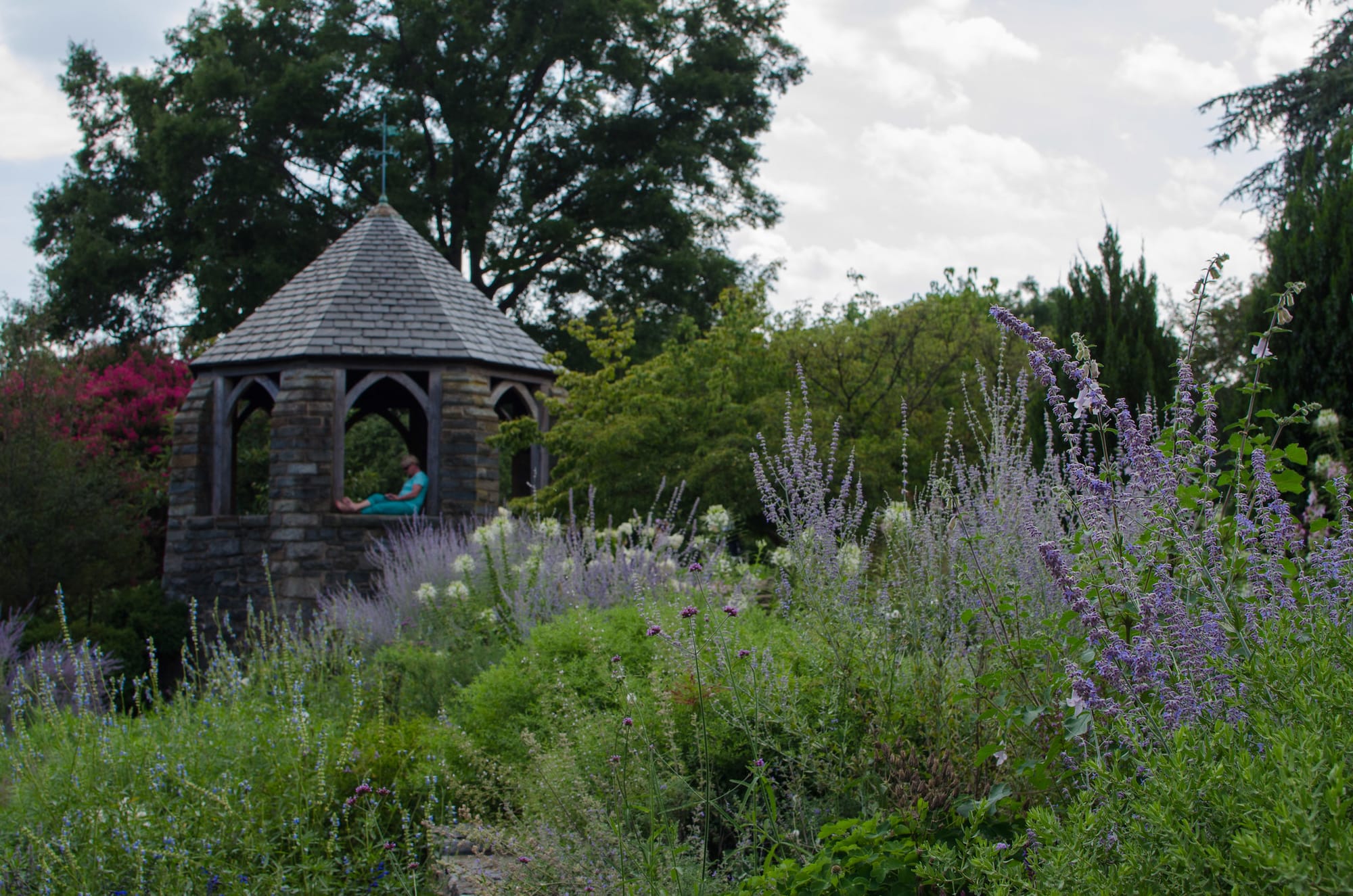 Spring flowers and a cupola in the Washington National Cathedral gardens.