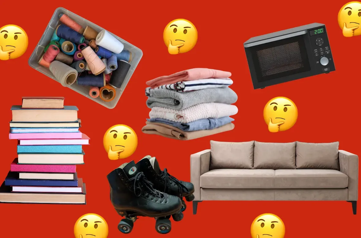 A photoshopped image of books, a couch, rollerblades, and a microwave.
