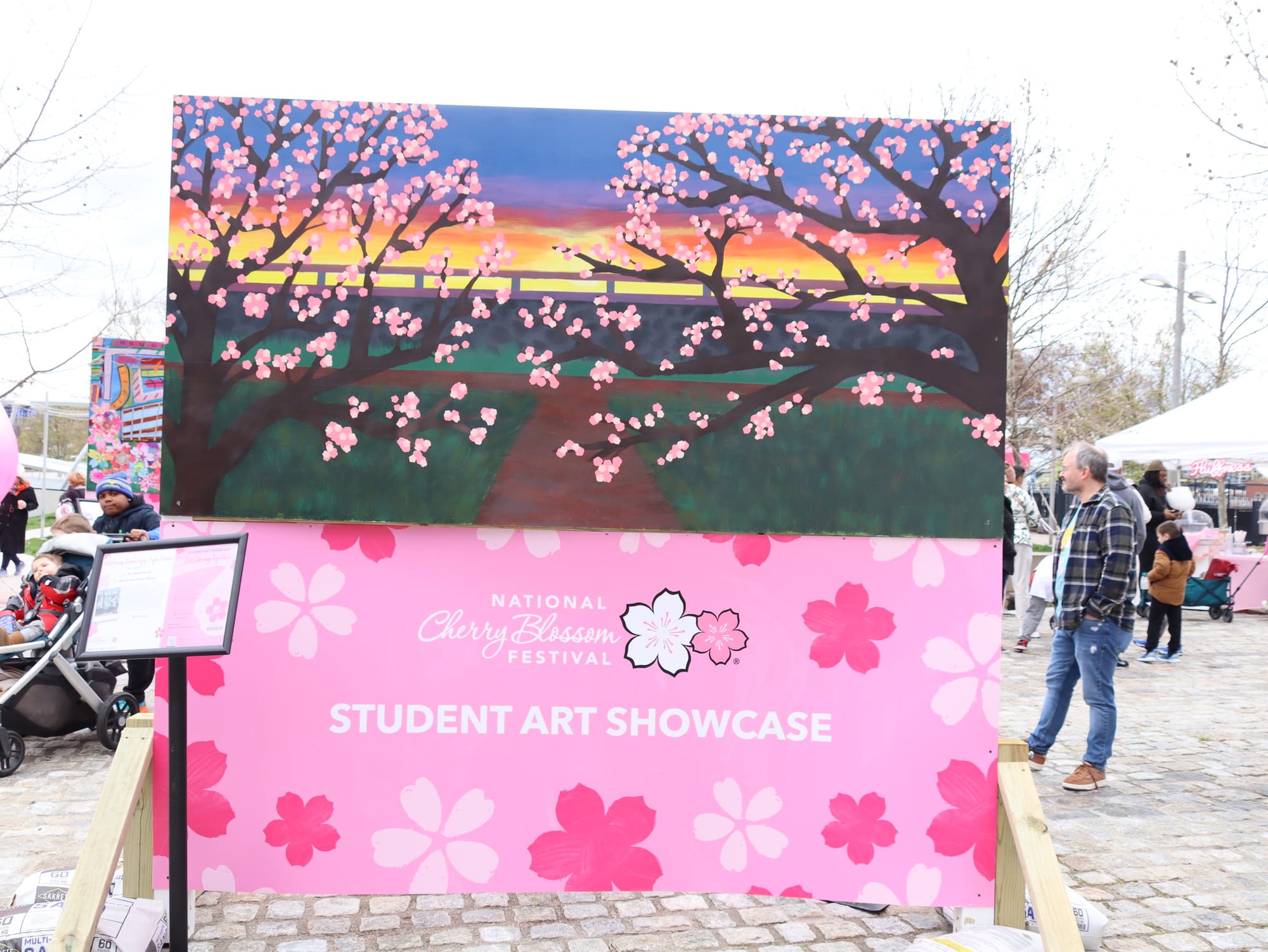 A "student art showcase" as part of the National Cherry Blossom Festival shows a painting of cherry blossoms in front of the sunrise