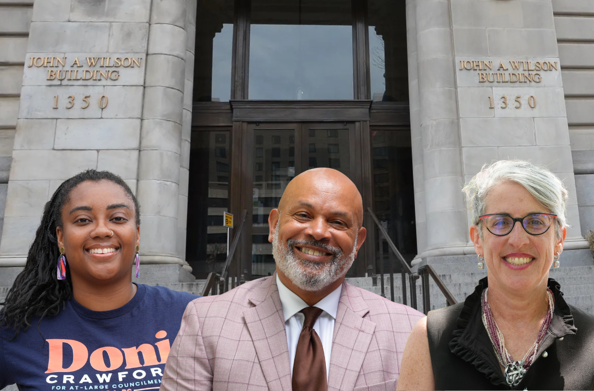 A collage of D.C. Council candidates Doni Crawford, Jacque Patterson, and Elissa Silverman in front of the John A. Wilson Building in Washington, D.C