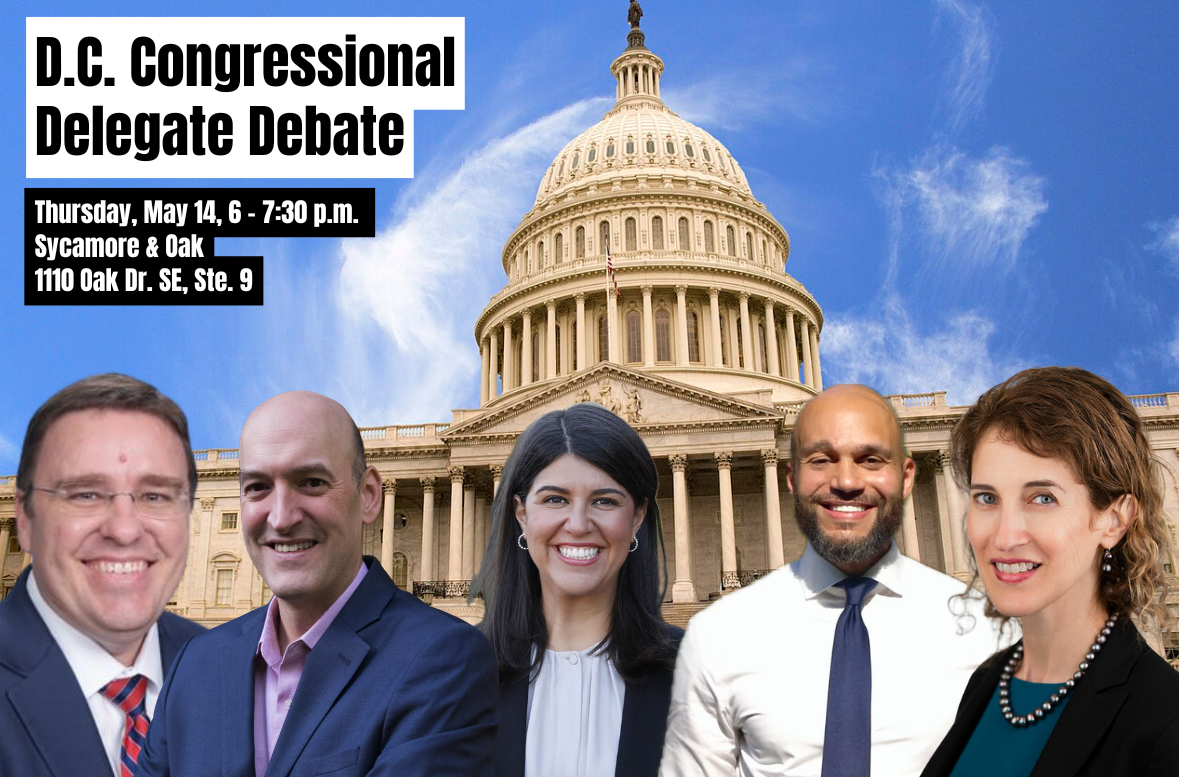 A photoshopped image of faces of the candidates for D.C. Congressional Delegate, with the Capitol building behind them.