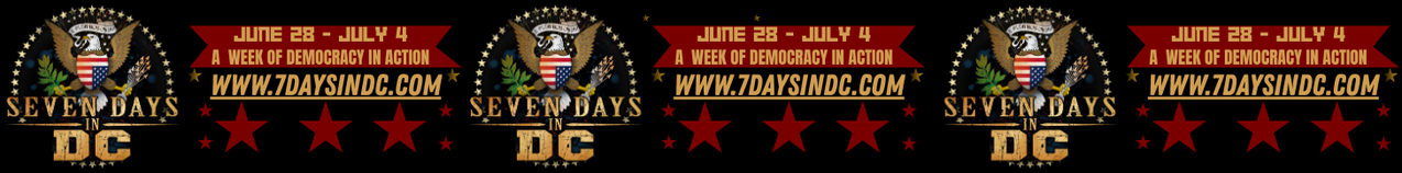 Banner graphic advertising "Deven Days In DC" that says "June 28-July 4; a week of democracy in action; www.7daysindc.com"
