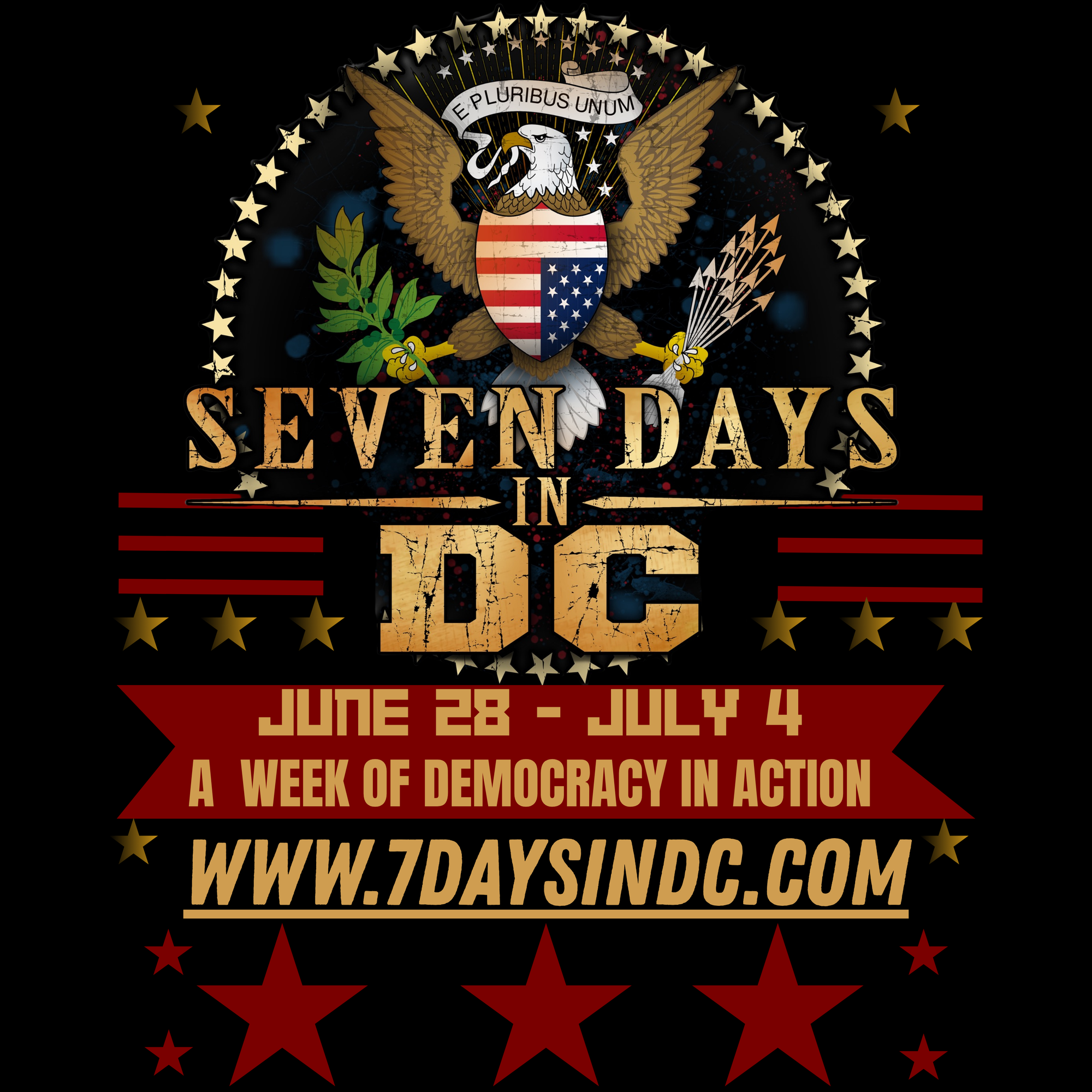 Banner graphic advertising "Deven Days In DC" that says "June 28-July 4; a week of democracy in action; www.7daysindc.com"