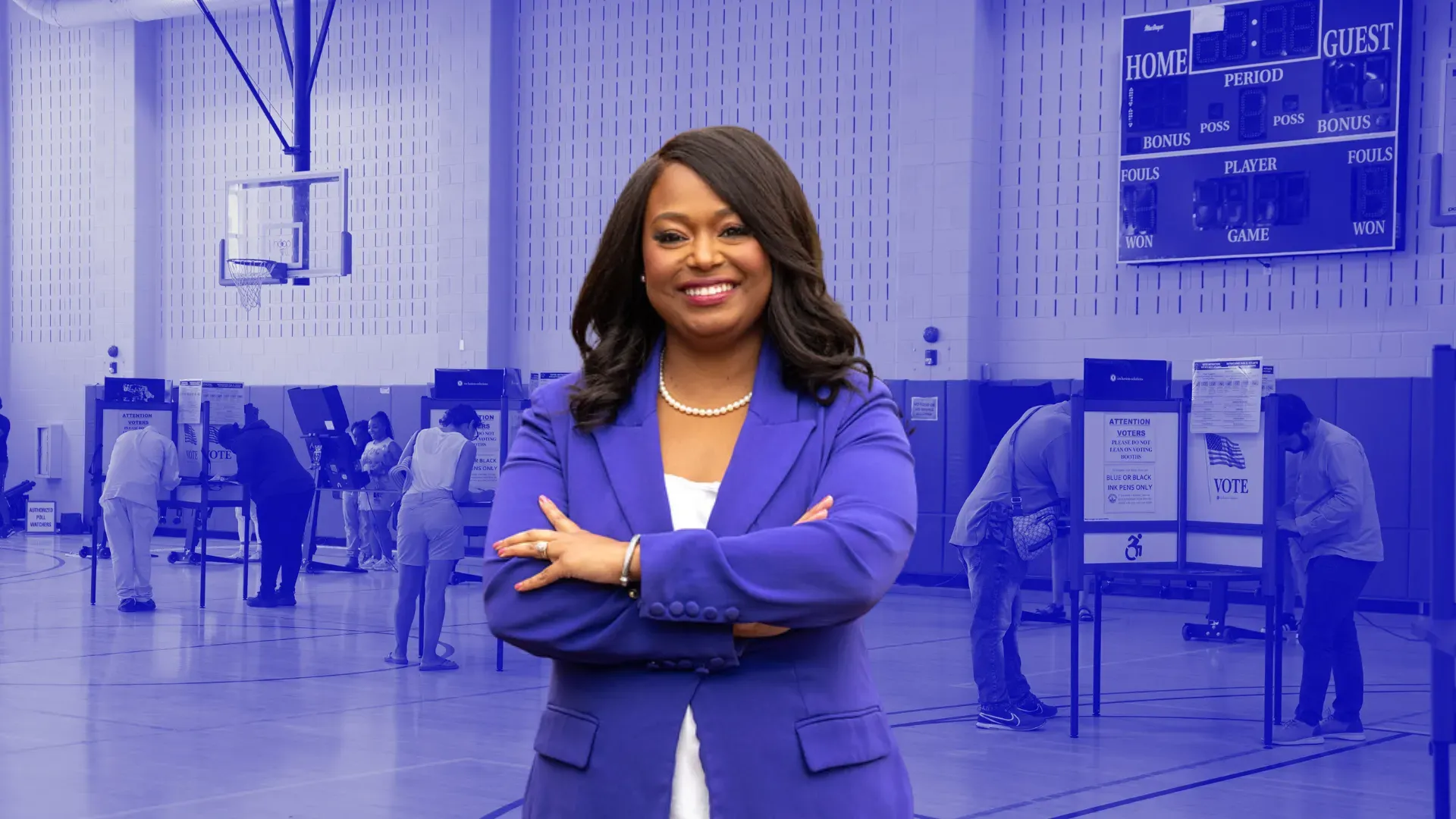 Blue background photo of people voting in D.C., photo of Janeese Lewis George on top. 