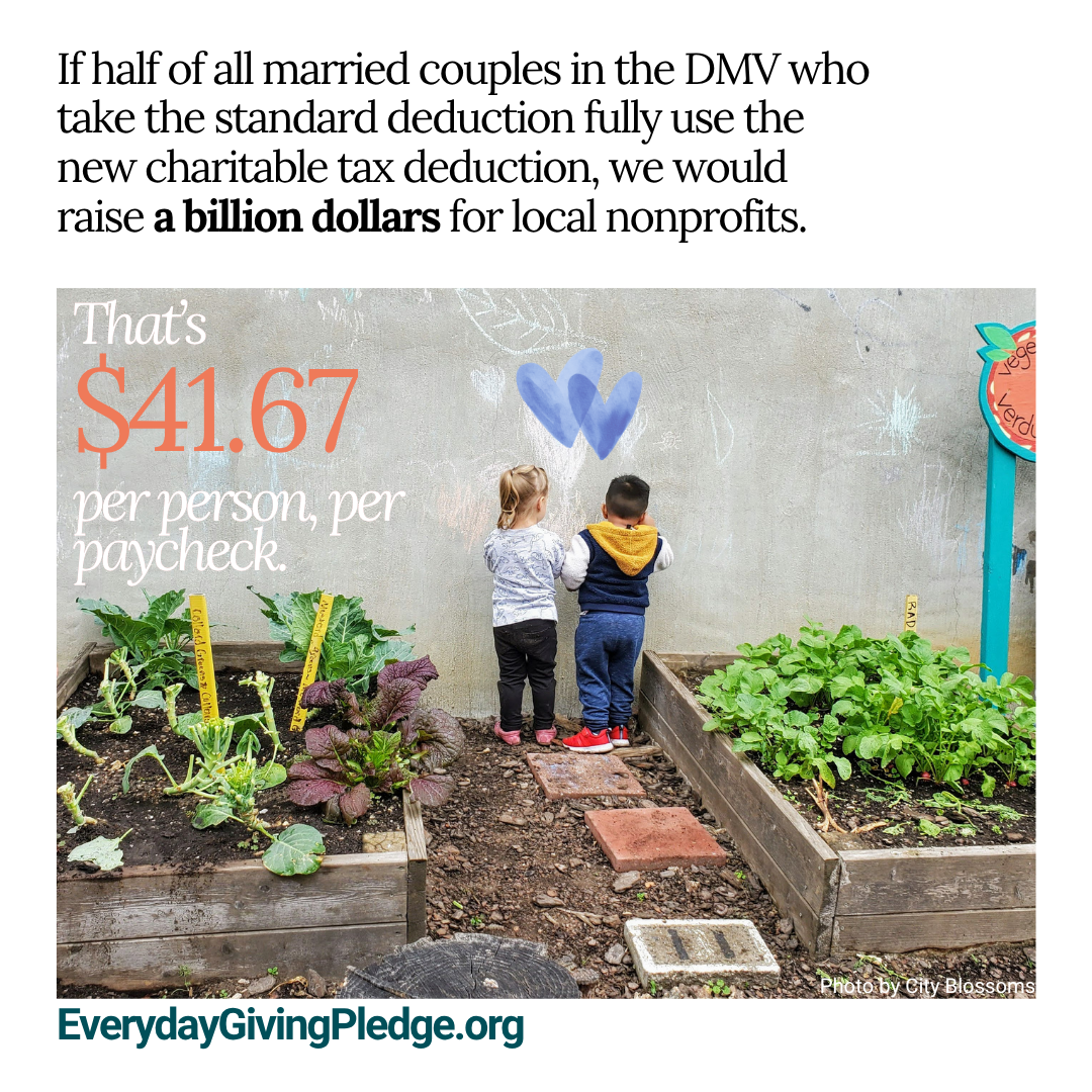 Advertising graphic that says "If half of all married couples in the DMV who take the standard deduction fully use the new charitable tax deduction, we would raise a billion dollars for local nonprofits; everydaygivingpledge.org"