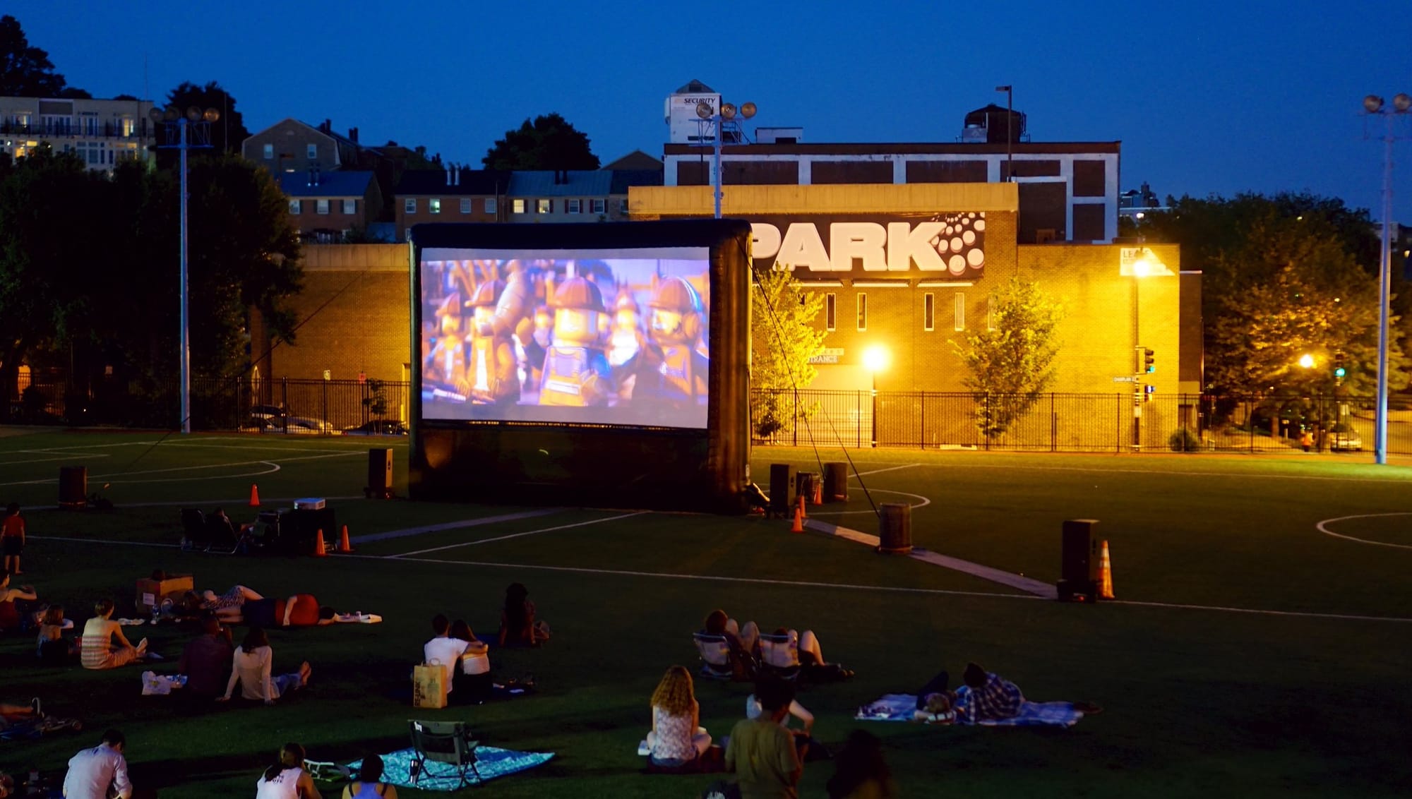 An outdoor movie screening at Marie Reed Recreation Center in Washington, D.C.