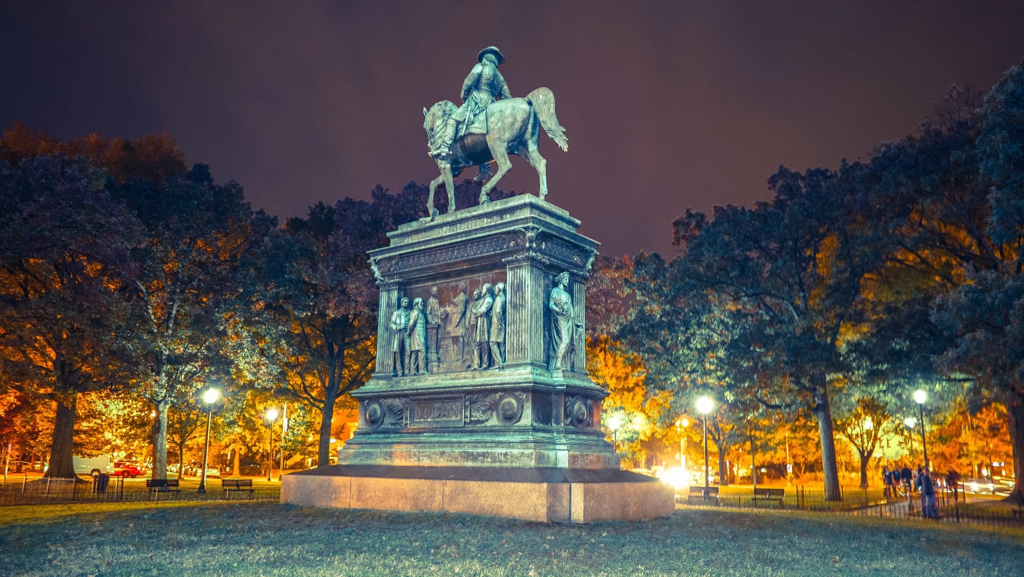 The statue in Washington, D.C.'s Logan Circle at night