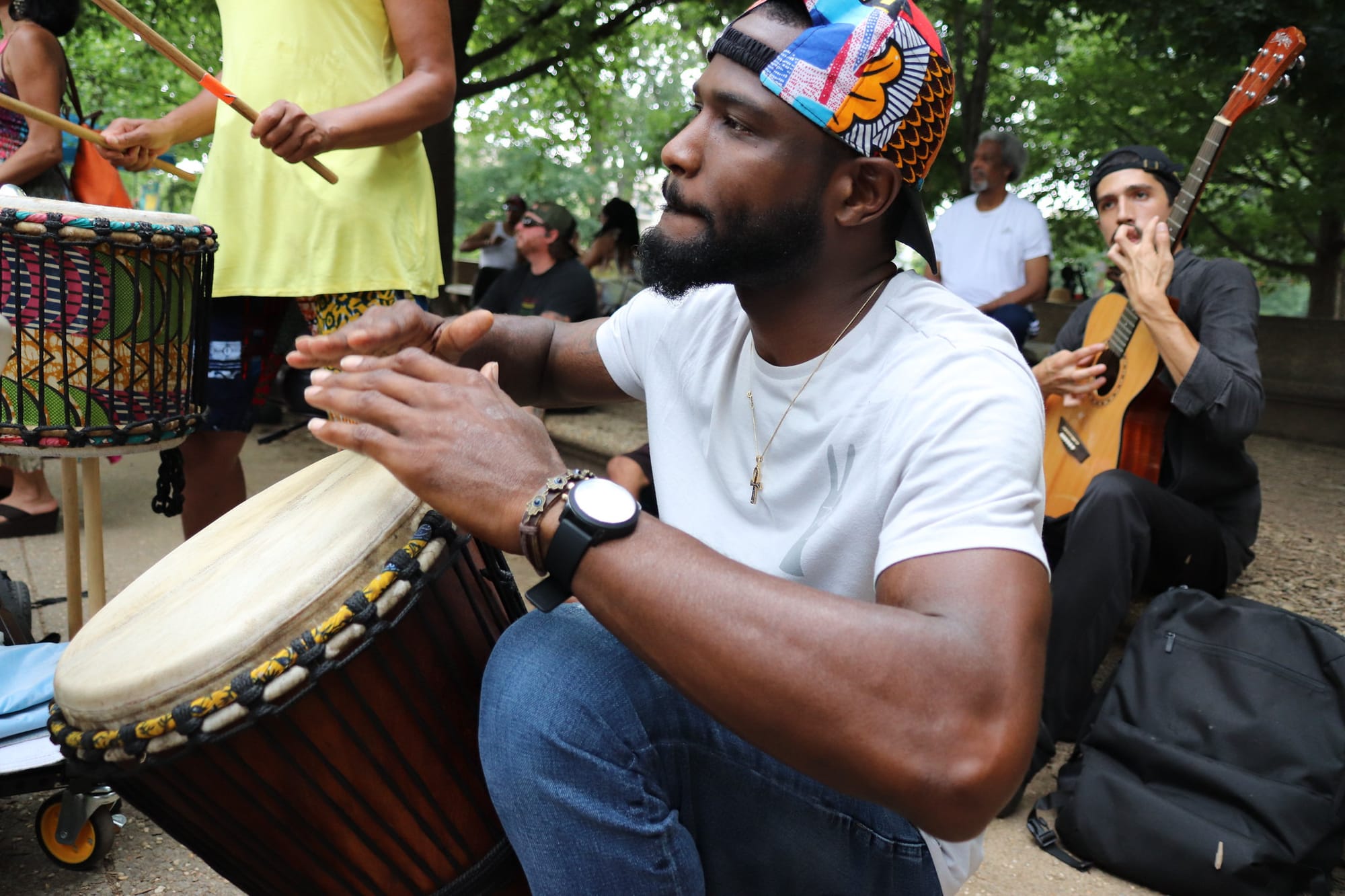 A musician at the Malcolm X Park drum circle.
