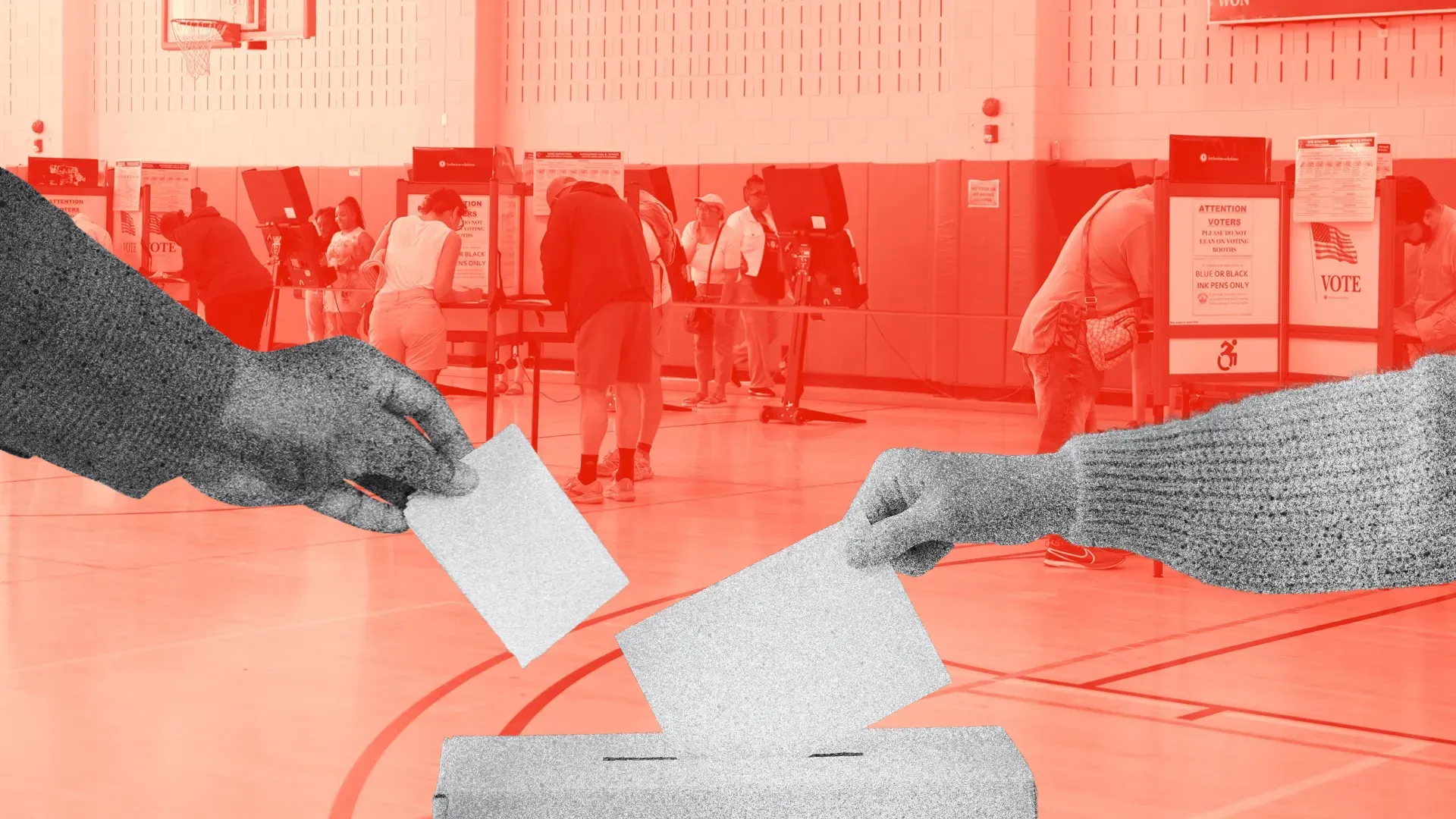 A photoshopped illustration of two hands voting.