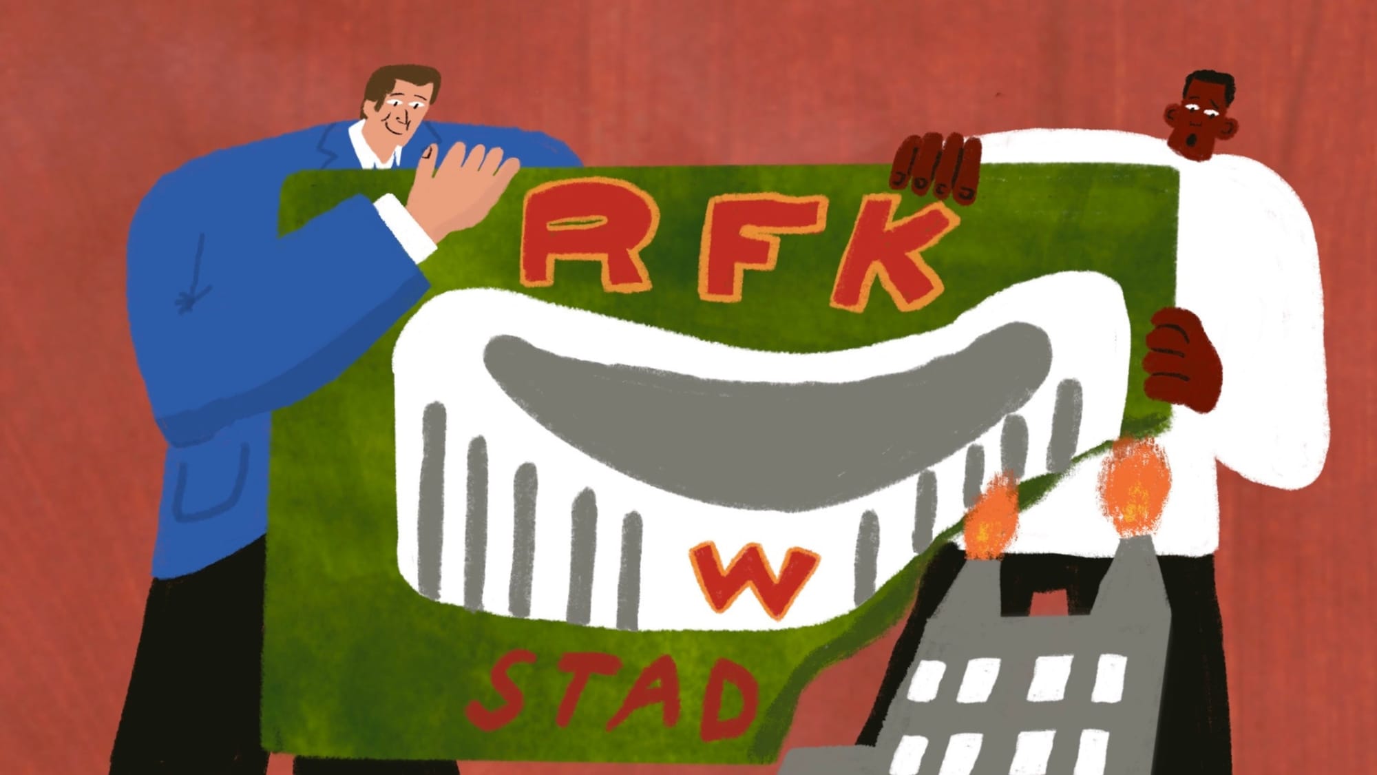 An illustration depicts the new RFK stadium and a potential natural gas plant there.