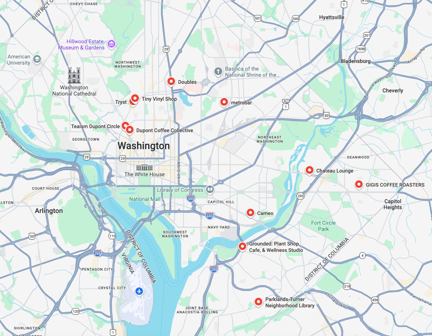 Screenshot of a googlemap of Washington DC, with red flag at the locations you can find the print edition.