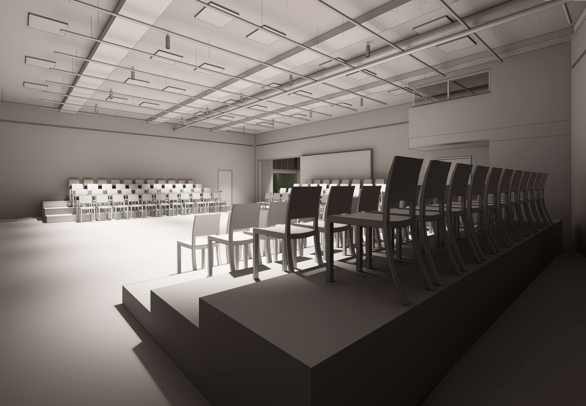A back-and-white rendering of a black box theater with flexible seating and a capacity of 140.