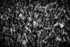 A black and white aerial photo of a large march with people holding protest signs.