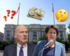 Photo collage depicting D.C. Council Chairman Phil Mendelson, Mayor Muriel Bowser, the John A. Wilson building, question marks, money, and a "shhh" emoji.