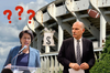 Graphic of D.C. mayor and councilmember in front of a decrepit stadium with red question marks, money, and a football overhead.