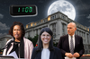 A graphic of D.C. mayor and council members behind dark building with a clock and moon overhead.