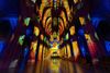 A colorful light projection inside the Washington National Cathedral