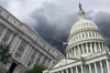 An image of the Capitol is superimposed on an image of the Wilson Building amid storm clouds. 