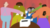 Illustration of people hovering over a box with cards.